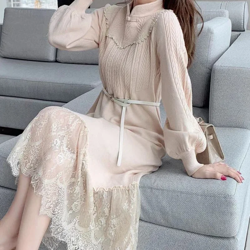 Cheongsam Dress Long Sleeves Spring Autumn Women's Clothing Knitted Sweater Dress French Retro Chinese Style Lace Lantern Sleeve