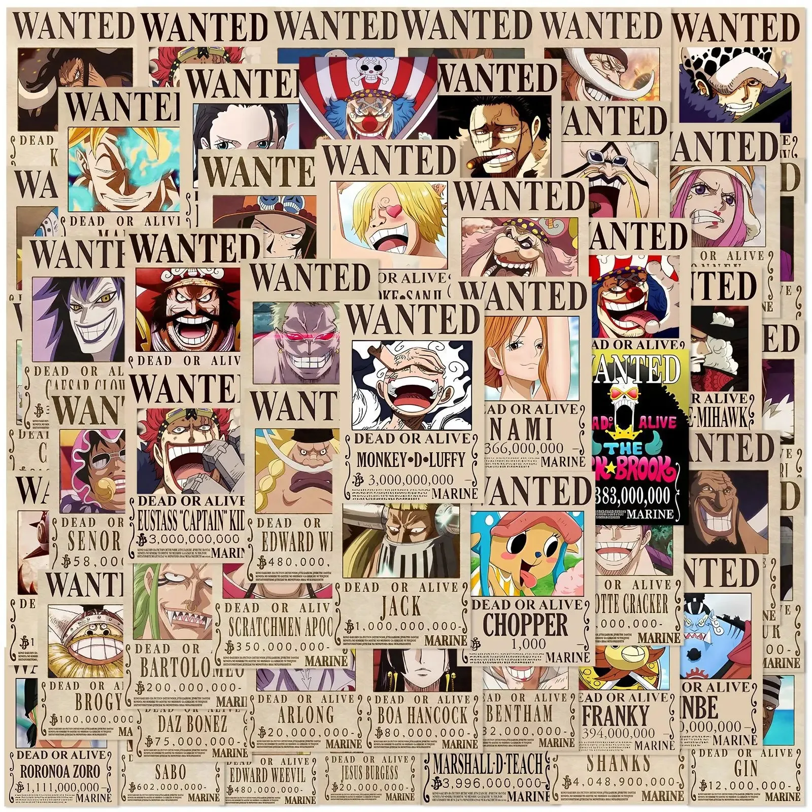 50PCS Anime One Piece Wanted Posters Stickers Cool Decal Decoration DIY Phone Suitcase Laptop Fridge Wall Graffiti Sticker