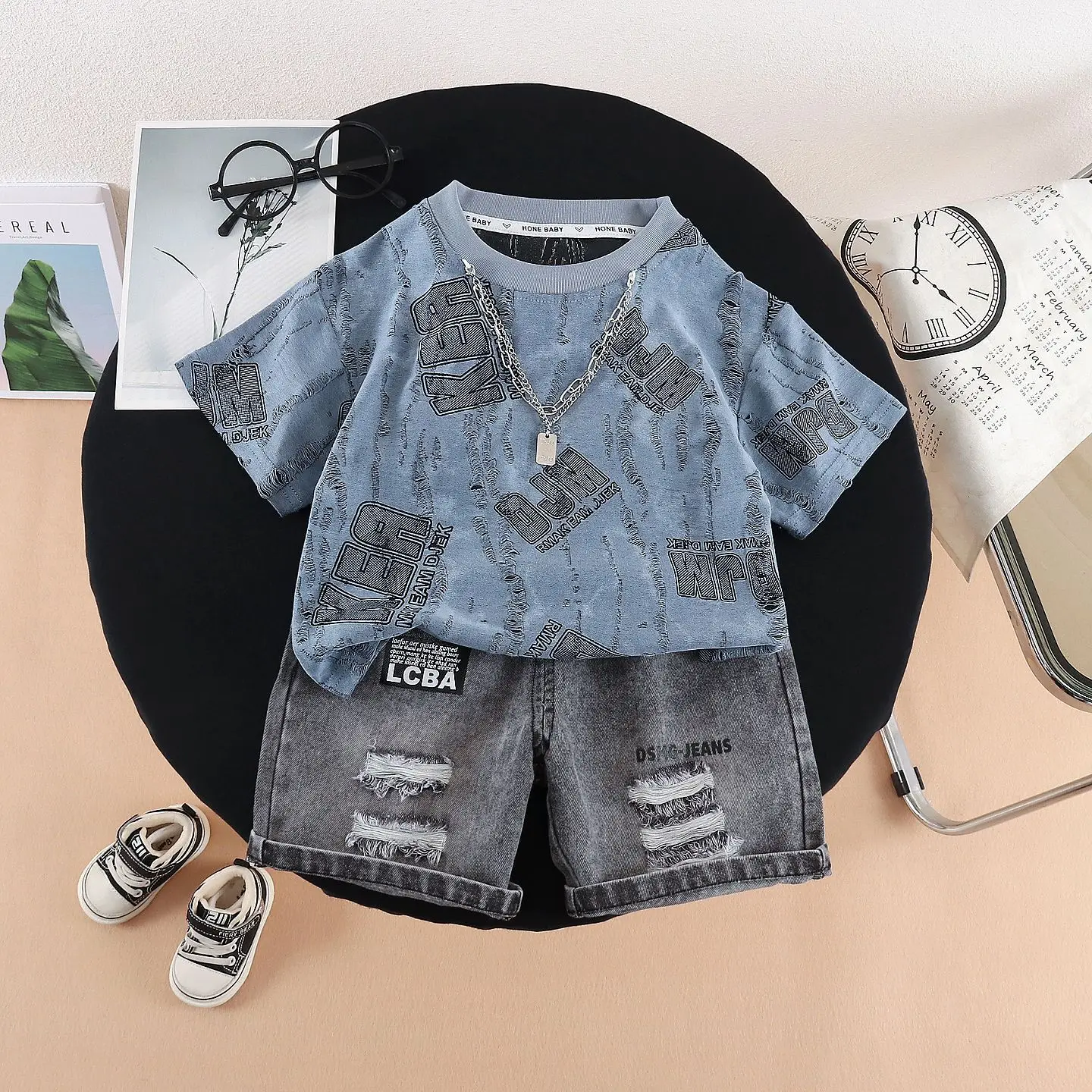 Children's Clothing 2026 New Summer Baby Boy Clothes Fashion Letter Printed Short Sleeve T-shirts + Denim Shorts Two Piece Set
