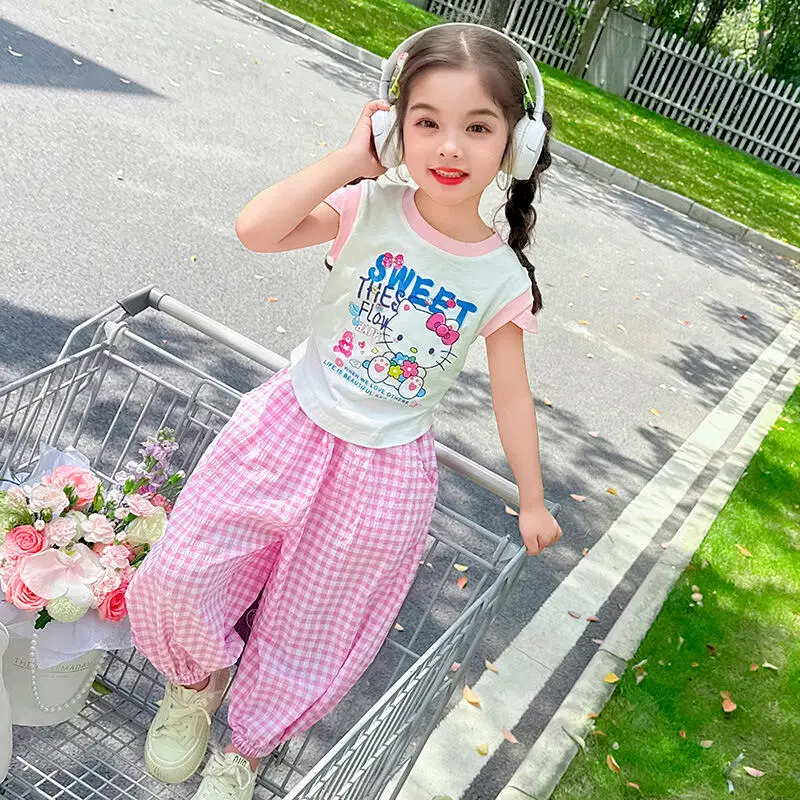 

Summer New Girls Short Sleeved Pants Set Children's Korean T Shirt Lantern Pants Stylish Sweet Soft Fashionable Two Piece Set
