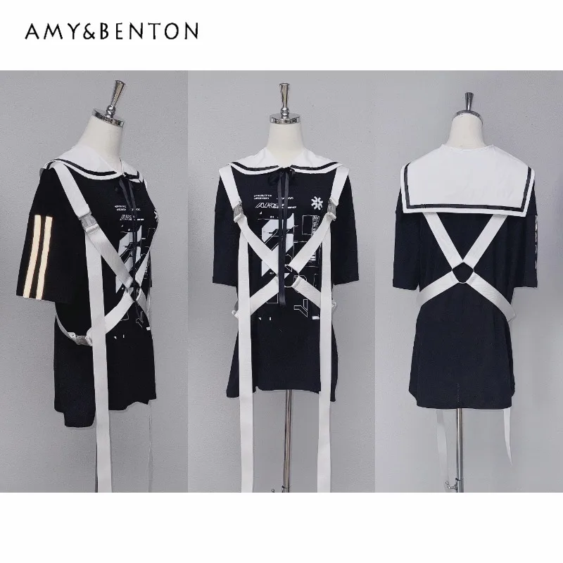 

Subculture Sweet Cool Girl Sailor Collar Strap Short Sleeve T-Shirt Gothic Punk Style Oversized T Shirt Women Summer Y2k Top