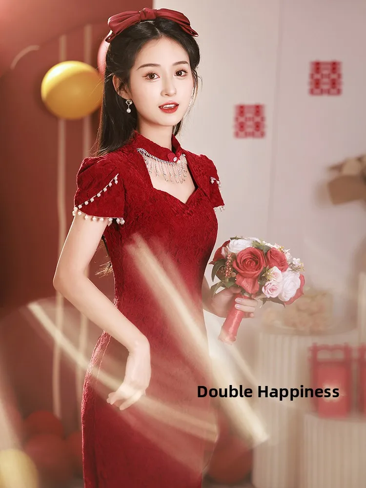 

Red Qipao Wedding Dr for Women New 2026 Bridal Gown Chinese Sle Engagement Par Dr Summer ort Sve mid Waist