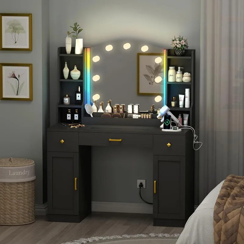 Large Make up Vanity Desk with Mirror and Lights,3 Lights Mode and Brightness Adjusted by key, Built-in Power Strip