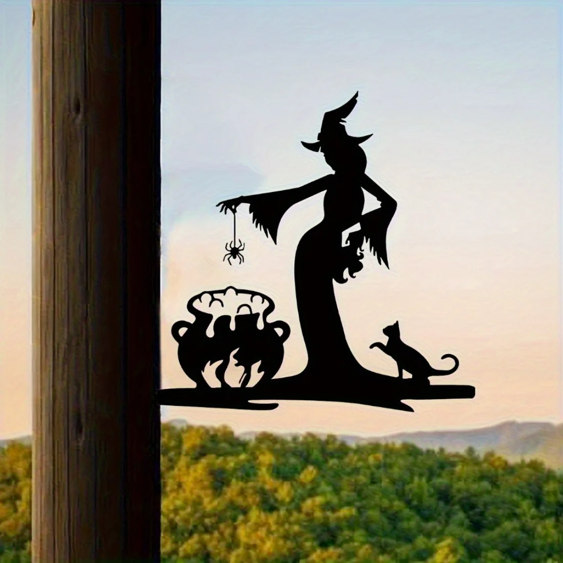 Gotische Halloween-Wandskulptur aus Metall |   Hexe, Katze und Spinnen-Silhouetten auf Zweigen, Halloween- und Weihnachtsgeschenk, langlebige Hofdekoration