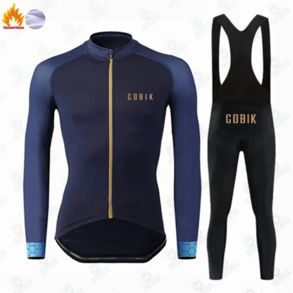 Cobik-Thermal Fleece Cycling Jacket for Men, Long Sleeve Bib Tights Set, Bike Tights, Retro Road Uniform, Winter, New