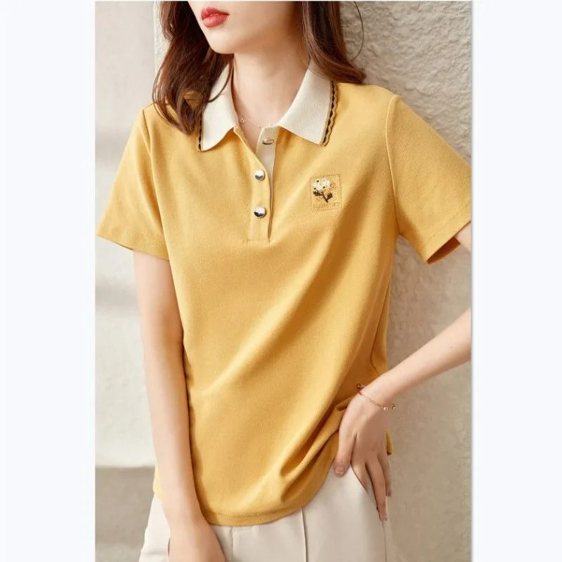 2025 summer new women's short sleeve embroidered fashionable Polo collar color-blocking casual versatile short t-shirt