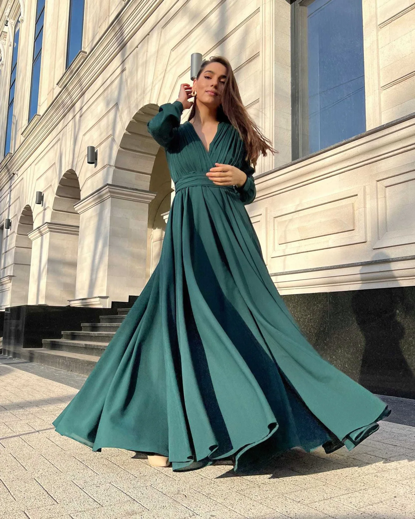 2026 New Sexy Deep V Pleated Maxi Dress Elegant High Waist Flowy Polyester Spandex Casual Daily Party Dress