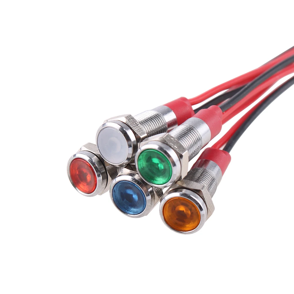 6mm LED Metal Indicator Light 6mm Waterproof Signal Lamp Light 6V 12V 24V 220v Wires Connect  Brass Nickel PlatingGreen Red Blue