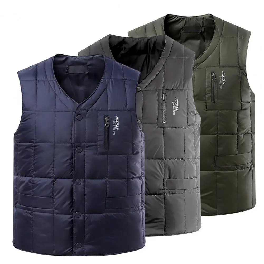 Men Winter Vest Single-breasted Sleeveless Solid Color Cardigan Zipper Decor Cold-proof V Neck Padded Plus Size Winter Cotton Co