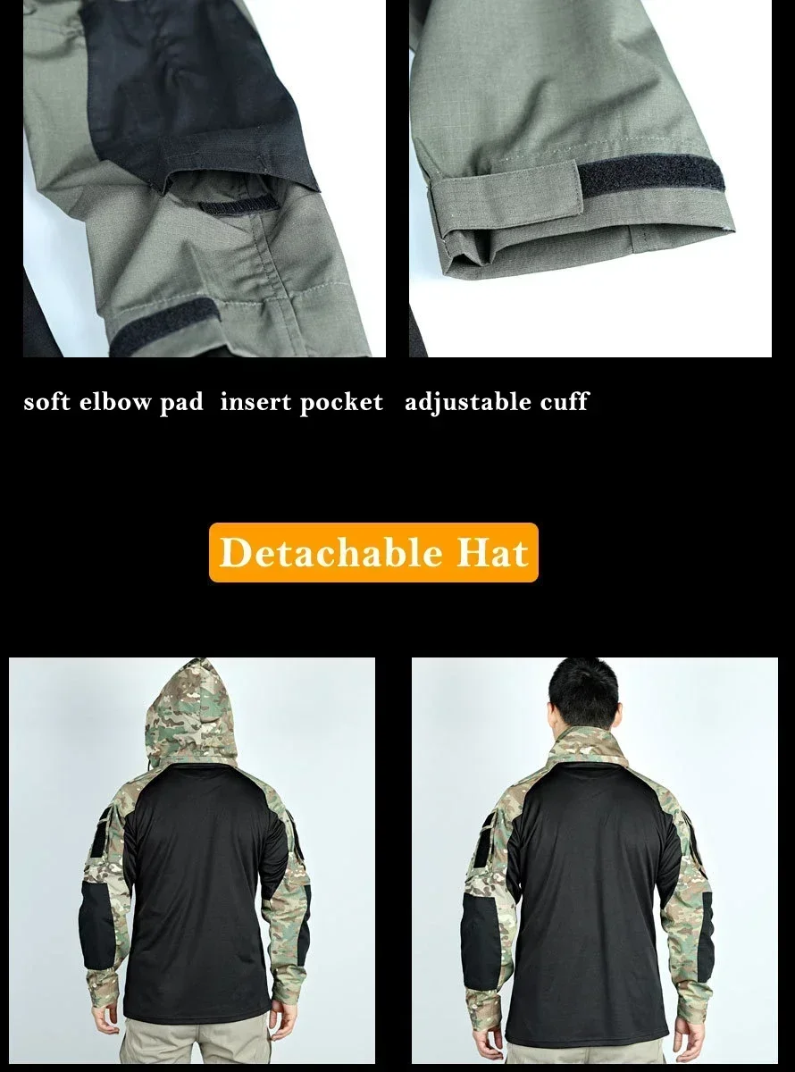 Tactical Combat Shirts Men Long Sleeve Breathable T-shirt Camo Hooded Quick-dry CS Paintball T-Shirt Tops Wear-resisting