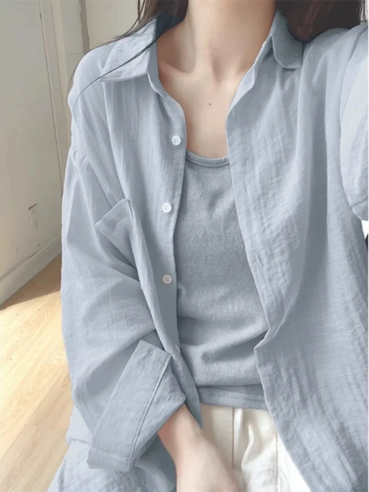 

Summer Linen Shirt Thin Sun Protection Cotton Linen Neck Long Sleeve Women's Business Casual Style Loose Fit Pure Color