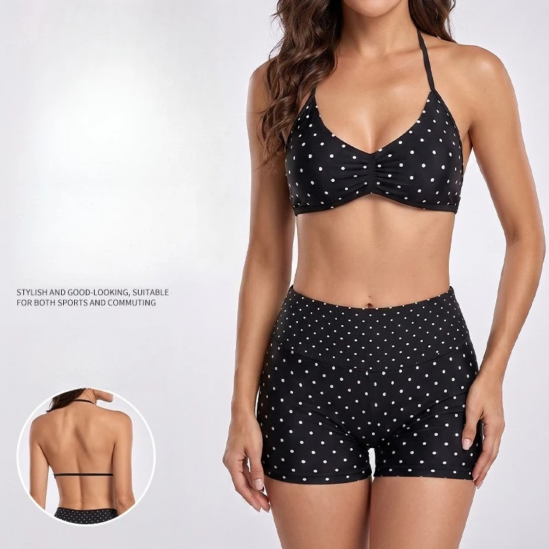 Women Polka Dot Seamless High Stretch Yoga Outfit Set Beauty Back Sports Bra Yoga Shorts Fitness Running Training Suit