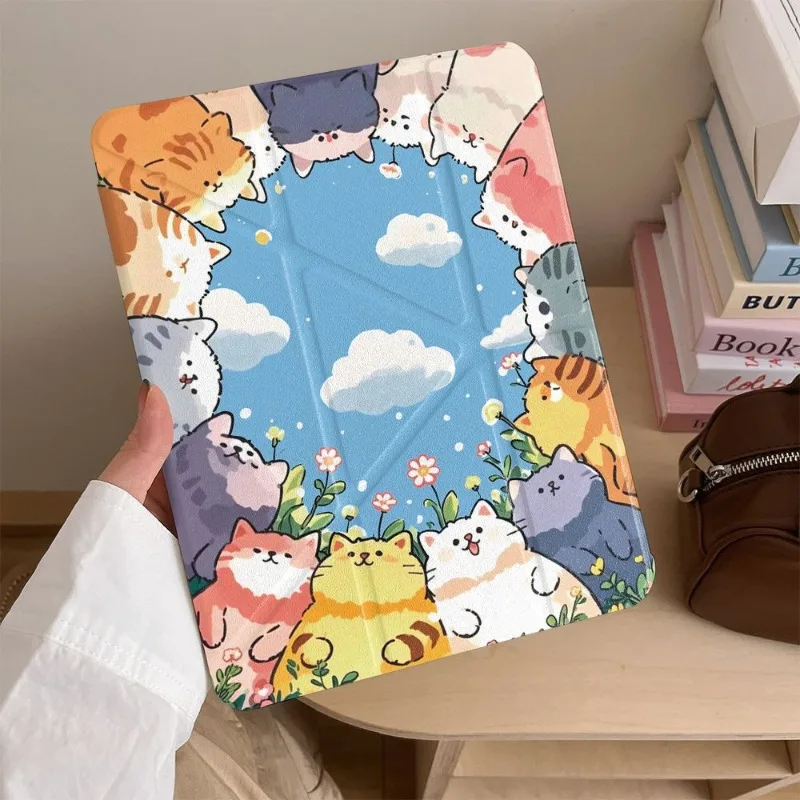 Lovely Kitten Floral Circle IPad Case for IPad Air7 11th A16 Pro 11 Air6 Air4/5 10.9 10th 9th 10.2in Shockproof Protective Cover