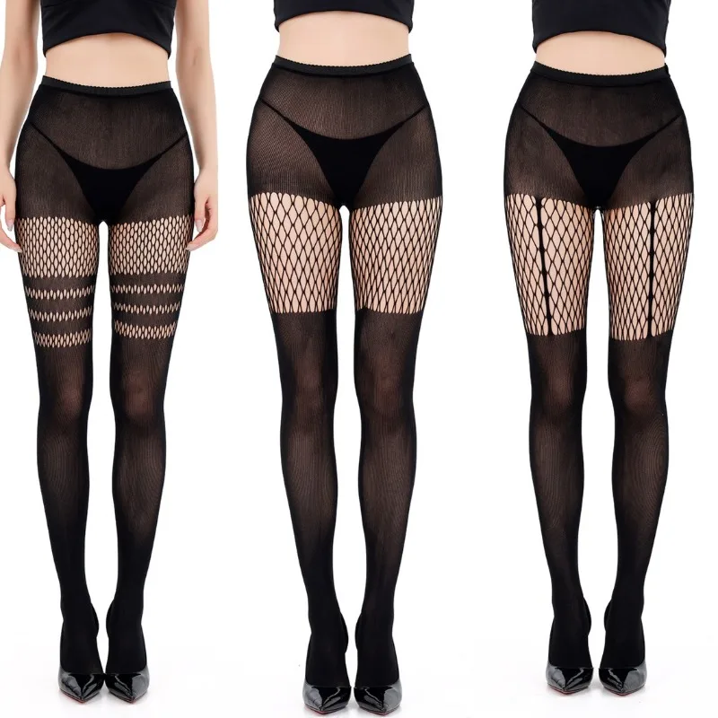 Damen Sexy schwarze ausgehöhlte Strumpfhosen Strumpfbänder Netzstrümpfe Nylon schiere formende schlanke Strumpfhosen Spicy Girl Patchwork Strumpfhosen