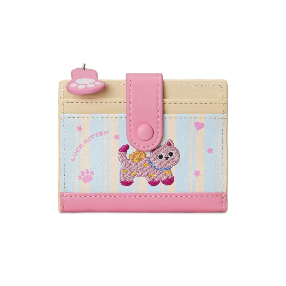 Portafoglio con gatto ricamato in stile coreano retrò Porta carte ultra sottile Porta carte Porta carte con pochette corta Porta carte in pelle PU da donna