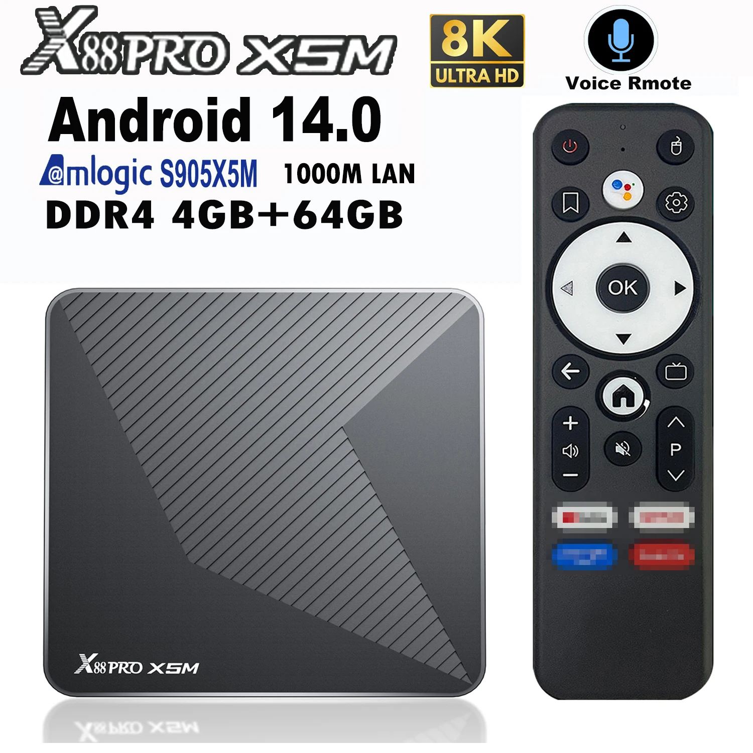 

X88 PRO X5M Android14.0 TV Box Amlogic S905X5M 64-битный четырехъядерный процессор 8K Видео 1000M LAN BT Голосовой помощник Пульт дистанционного управления Wi-Fi6 BT5.0 DDR4
