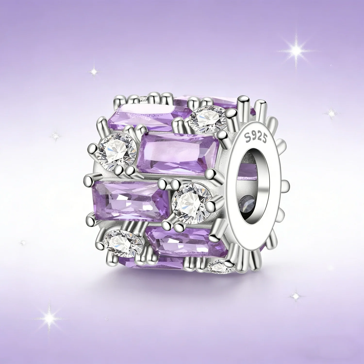  MISEFF S925 Sterling Silber Charm-Perle mit blau-lila eingelegtem Zirkon für Original-Armband, DIY-Schmuckherstellung, Geschenk für Frauen