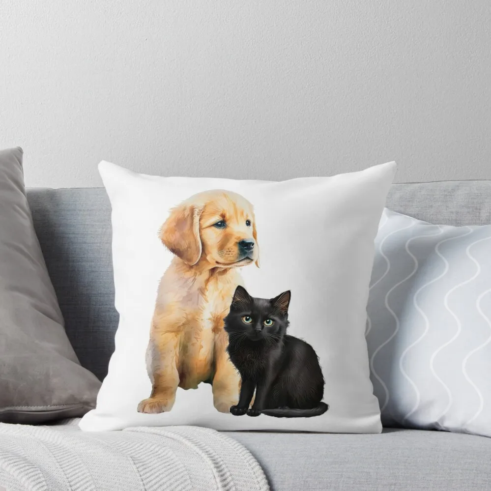 Black Cat Golden Retriever T Shirt, Puppy and Kitten Tee Throw Pillow Anime Embroidered Cushion Cover pillow