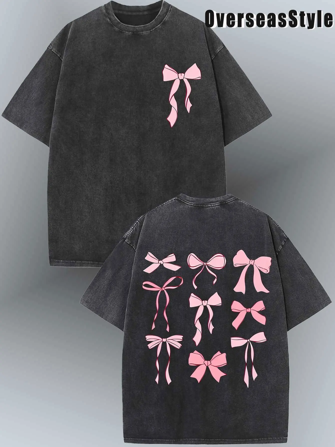 Unisex Vintage Black Cotton T-Shirt with Pink Bow Print - Reversible Loose Fit Short Sleeve Top, Round Neck Casual Summer Blouse for Men & Women, Machine Washable for all-Season Wear, Parties, Beach, Easter, Diwali - Youthful & Mature Styles