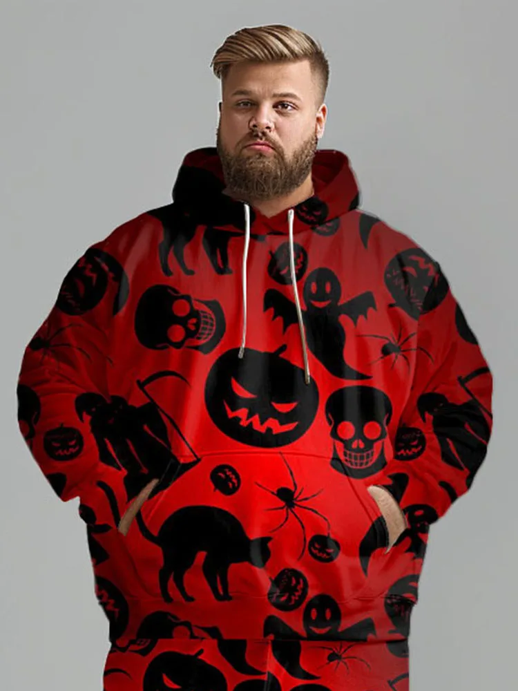 Biggmans Halloween Bat Print Plus Size Outfit Casual Men Hoodies Long Pants Party Suit Club Male Pockets Loose Trouser 2024 Set