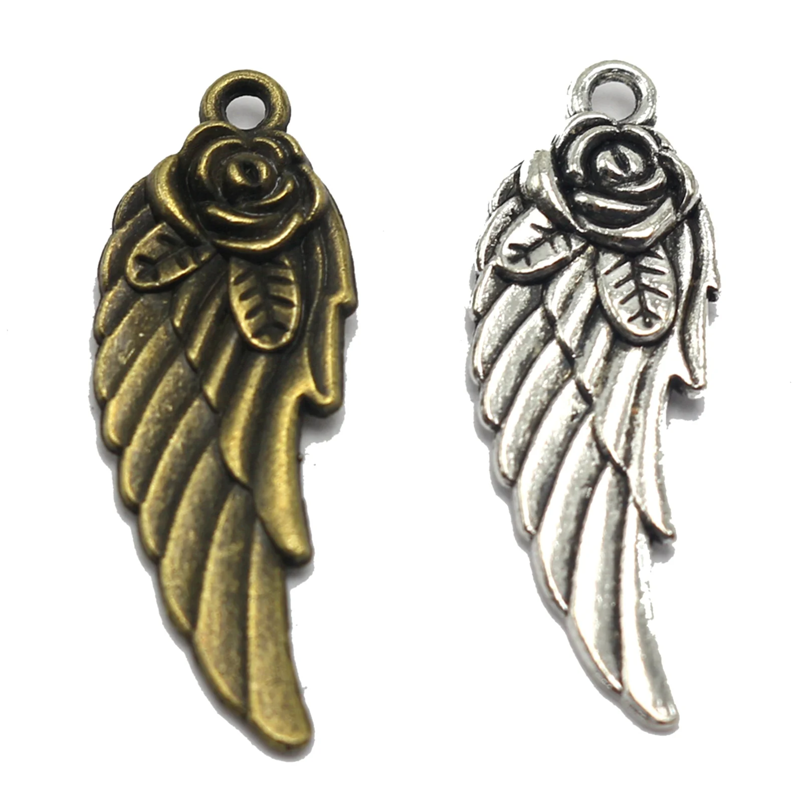 

25 Tibet Silver Bronze Tone Alloy Rose Angel Feather Wing Charm Pendants 11X30mm