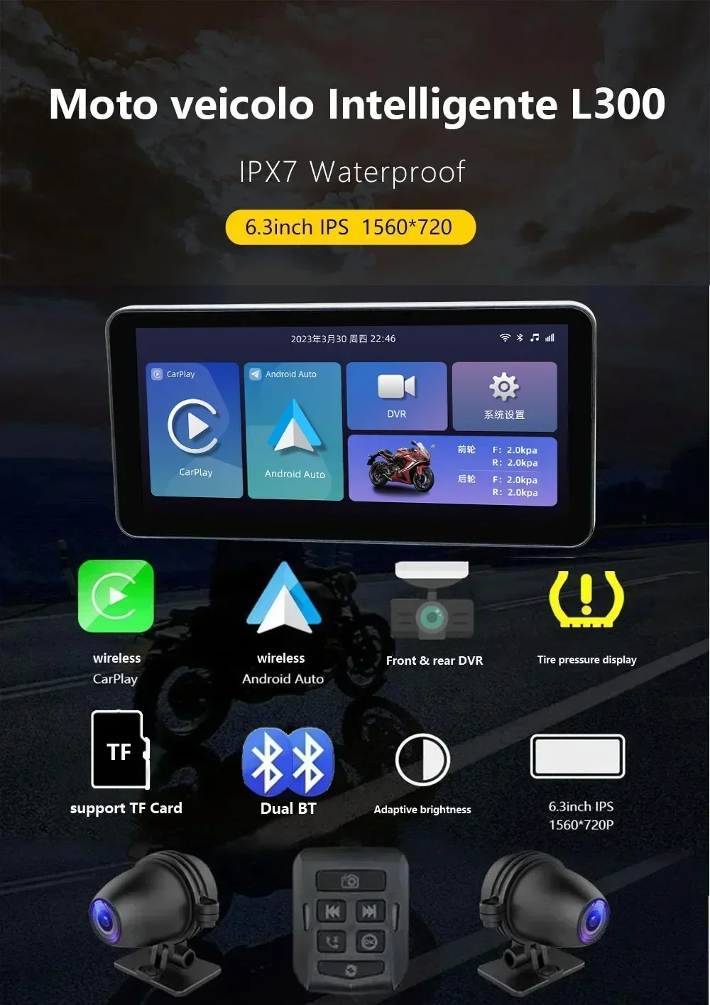 6.3'' Linux Motor Motorcycle GPS Wireless Carplay Touch Screen Display IPX7 Waterproof Wired BT Android Auto Monitor DVR TPMS