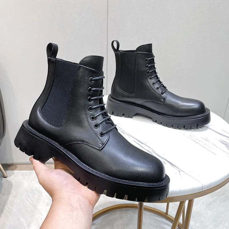 

men's luxury fashion cowboy boots black trend original leather shoes high top platform boot lace-up handsome ankle botas zapatos