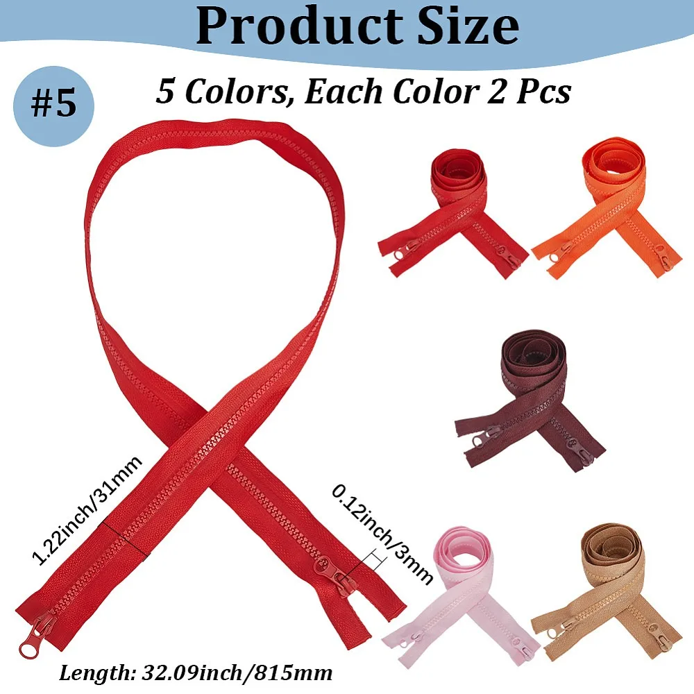 10Pcs 5 Colors Garment Accessories Polyester Resin Zipper Zip-fastener Components with Resin Zipper Sliders Mixed Color