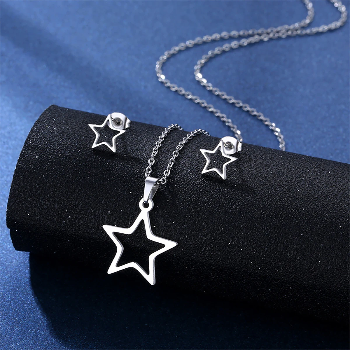 Star Pendant Necklace Earrings for Women Girls Simple Hollow Star Moon Sliver Five-pointed Star Drop Jewelry Set Trendy Gifts