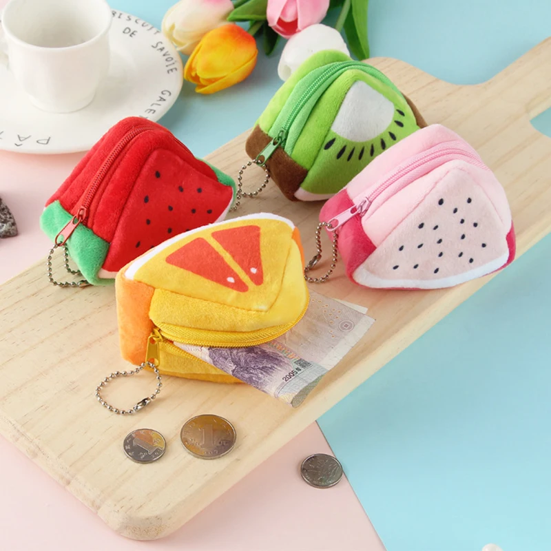 Cute Fruit Plush Coin Purse para mulheres, bolsa de mudança, bolsa de dinheiro, moda dos desenhos animados, doce menina presente carteira multifunções, novo