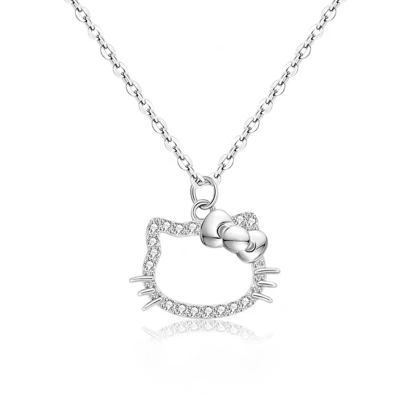 Hello Kitty Necklaces Kawaii  Anime Sanrio Crystal Pendant Ladies Girl Simple White Zircon Elegant Necklace Women Jewelry Gift