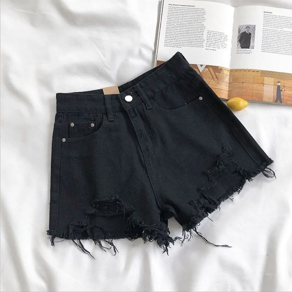 Casual High Waist Denim Shorts Tassel Pocket Cowboy Shorts Wide Leg Hole Ripped jeans Summer