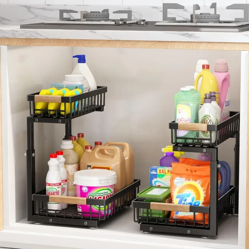 Under Sink Organizer,2 Pack Under Sink Organizers and Storage Basket, 2 Tier Metal Slide out Sink Shelf Under Cabinet Organizer