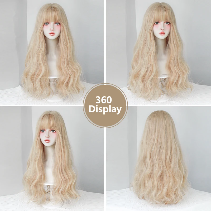 NAMM Costume Wig High Density Synthetic Loose Wave Blonde Wig for Women Heat Resistant Light Brown Hair Wig with Neat Bangs