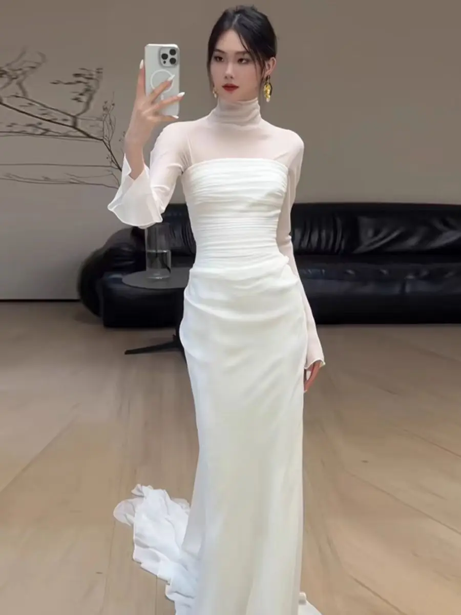 

Ele White Long Sve Satin Wedding Dr Light Fairy T Ball Outfit Gown for Wedding Banquet Performance And Par