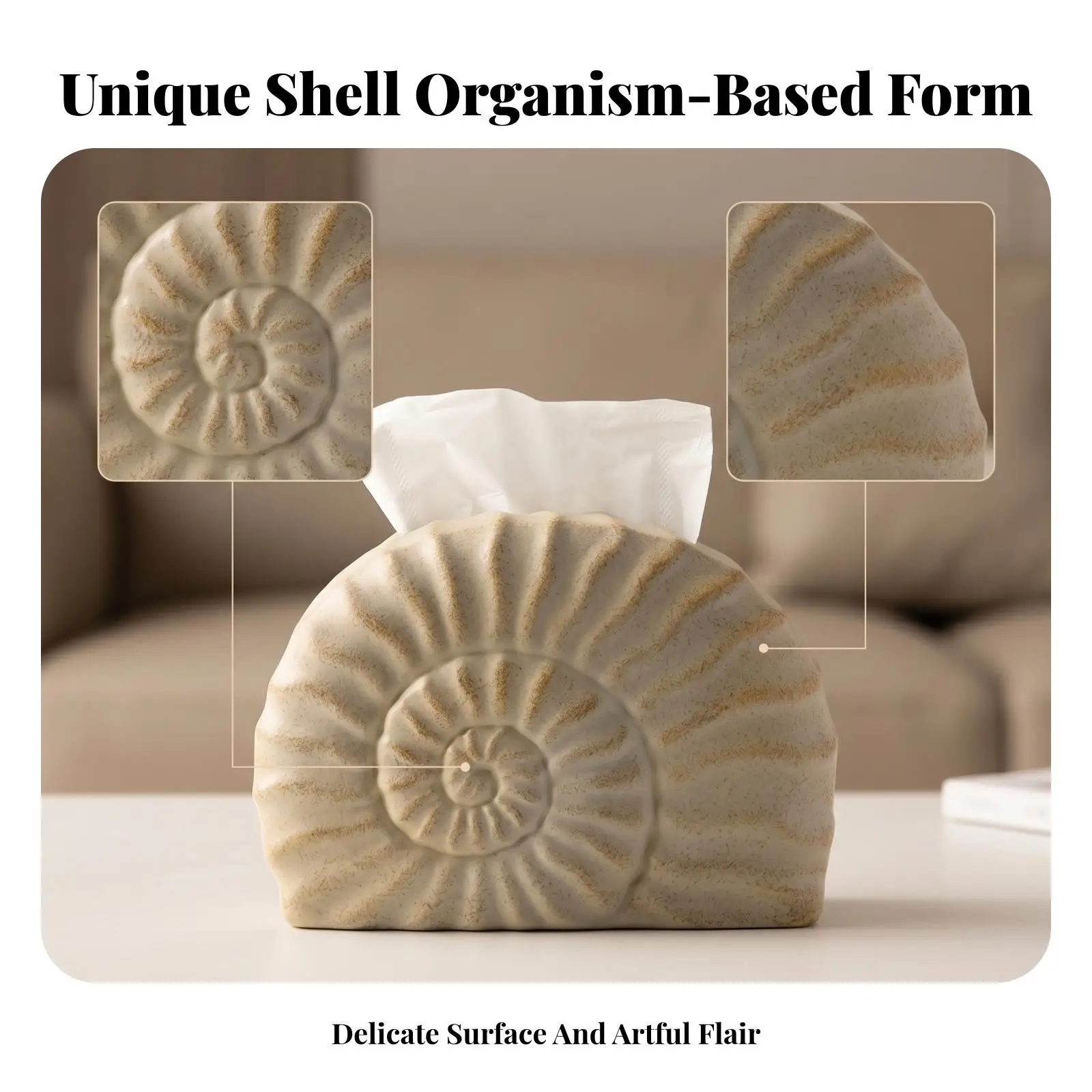 Spiral Shell Tissue Holder Sculptural Shell Tissue Box Cover Textured for Tabletop
