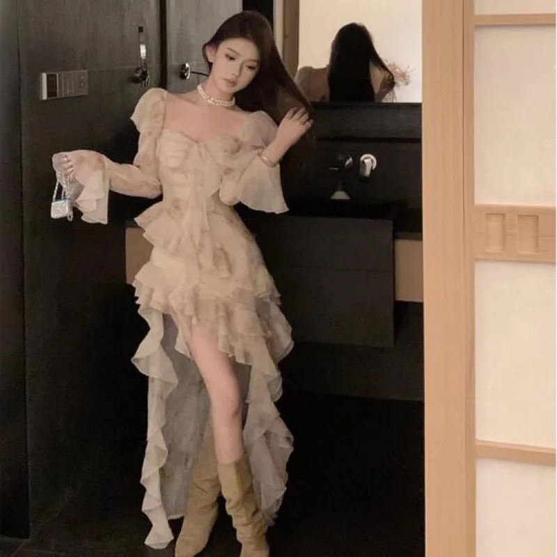 

customized women's adult fashion sexy temperament noble wind lotus leaf edge irregular dress temperament high-end sexy dress