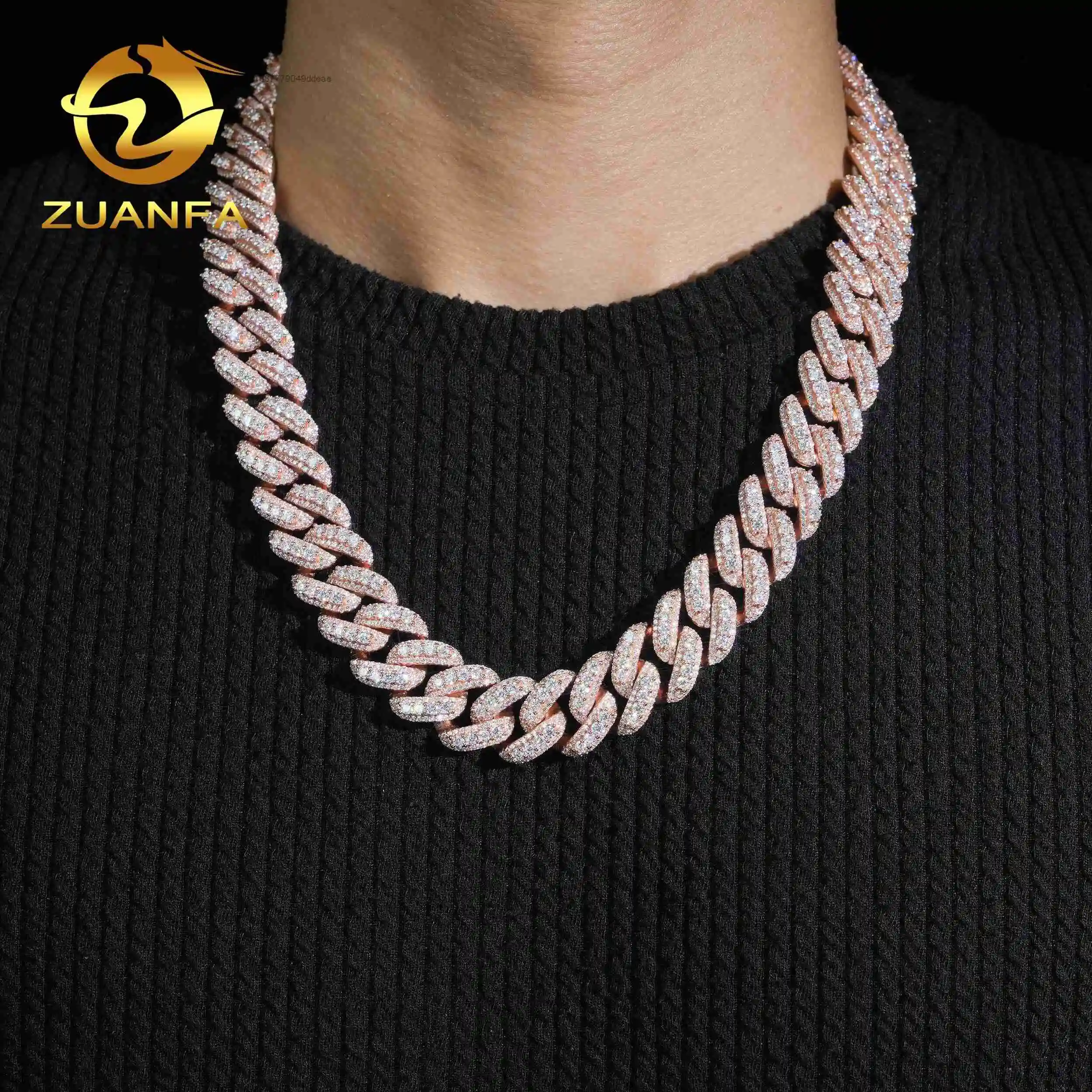 Diamond Pass Tester Rose Gold 18mm Iced Out Moissanite 925 Sterling Silver Hip Hop Cuban Link Chains..