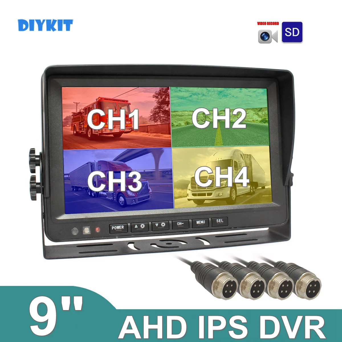 DIYKIT 9inch AHD IPS 4PIN 4 Split Quad Screen Car Rear View Monitor Support CVBS 1080P AHD Camera Video Recording