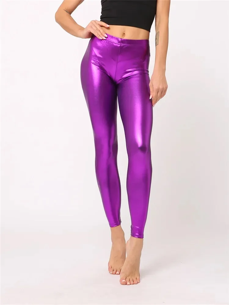 European And American Style Purple Bright Leather Nine-point Pants Fashion High Elastic Imitation Leather Solid Color Leggings