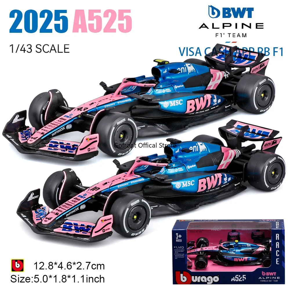 Bburago 1:43 2025 F1 BWT فريق Alpine Formula One # 10 بيير جاسلي # 43 لعبة مجسمة مصنوعة من خليط معدني من فرانكو كولابينتو قابلة للتجميع #1