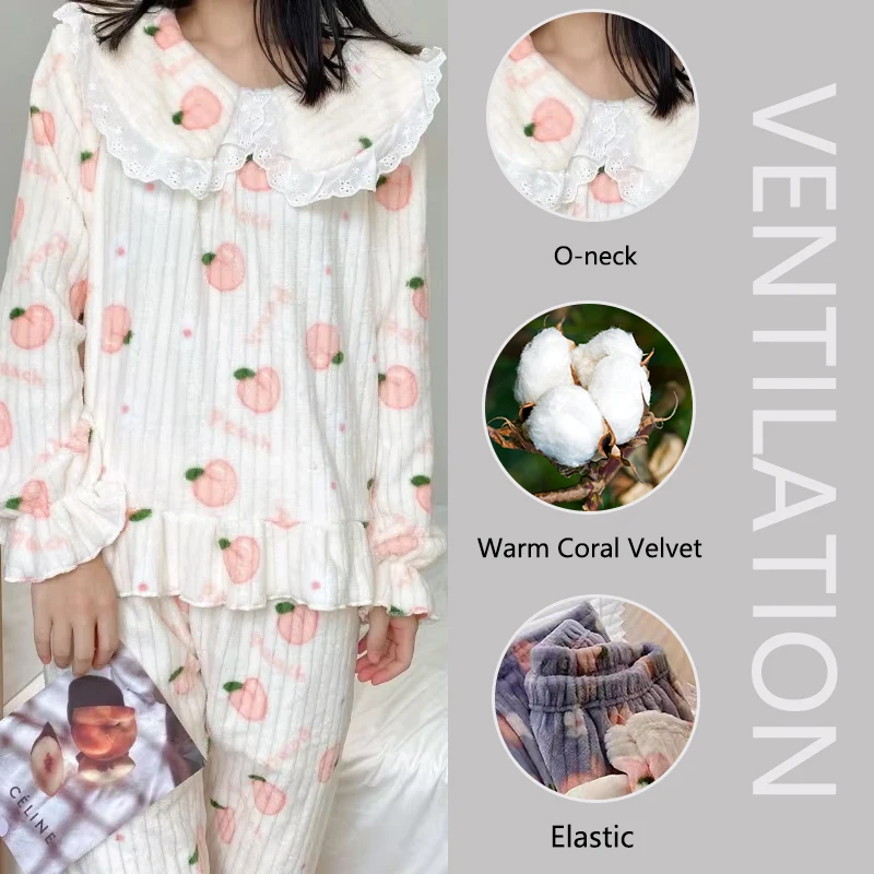 Thickened Warm Sleepwear Loungewear for Winter Printed Peach Pajamas Homewear Coral Velvet 2PCS Set Cartoon Bear Cute Plus Size