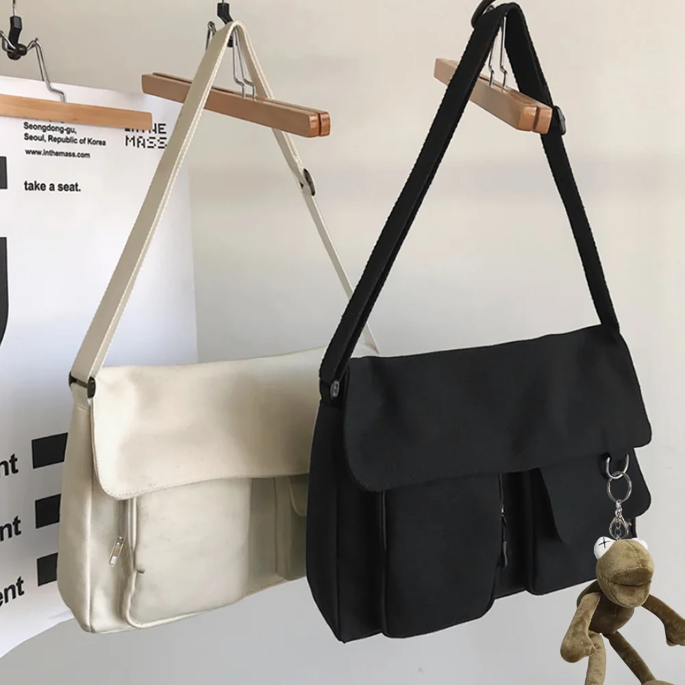 Canvas Diagonal Cross Bag Youth Casual Shoulder Bag Large Capacity Messenger Bags Solid Color Women's Handbag with Pendant