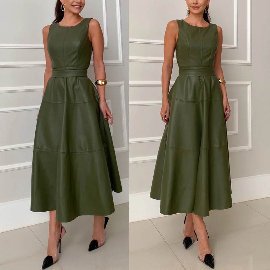 

2025 Spring and Summer New Sleeveless Casual Leather Dress Slim Waist Green Zipper Dress Women Vestidos De Mujer