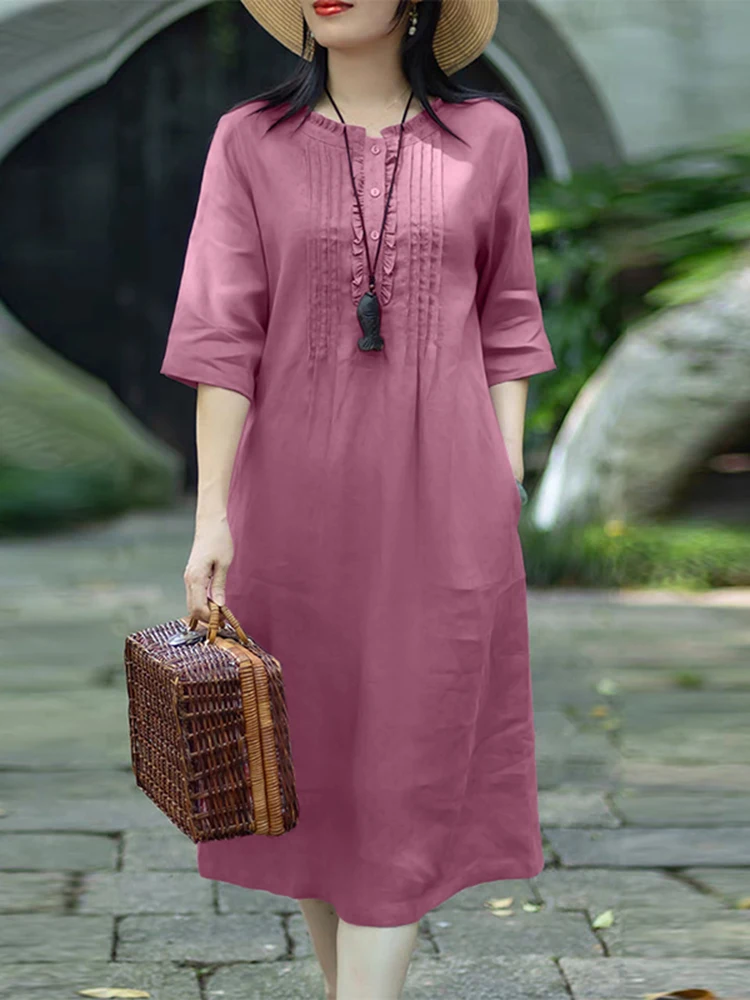 Zanzea vintage feminino camisa longa vestidos moda cor sólida midi vestido de verão 2025 botões casual solto manga 3/4 vestidos elegantes