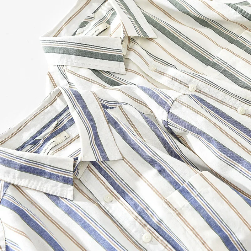 Summer Thin Cotton Linen Striped Shirt for Men Short Sleeve Youth Fashion Square Collar Men Shirt Camisas De Hombre  TS-820