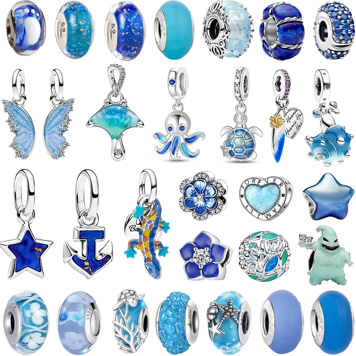 Original 925 Sterling Silver Blue Charms Murano Glass Star Octopus Beads Pendant Bracelets Necklaces Women's DIY Jewelry Gift