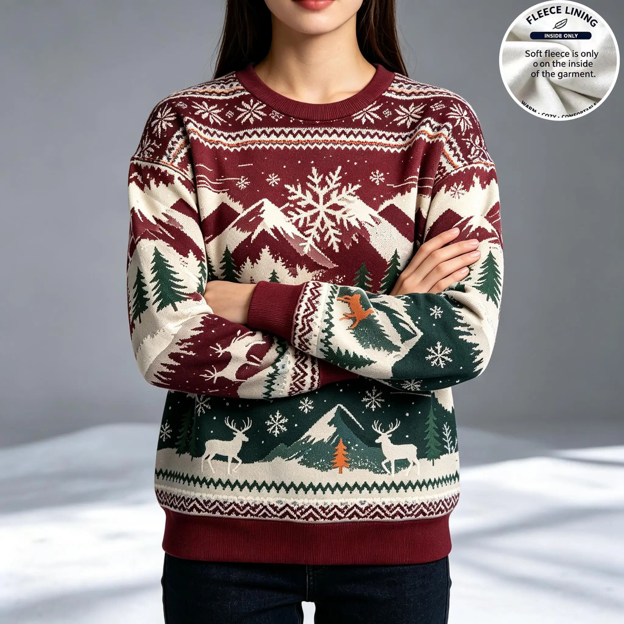 Women Crew Neck Fleece Sweatshirt Christmas Snowflake Mountain Deer Pine Tree Print Long Sleeve Loose No Hood Warm Pullover