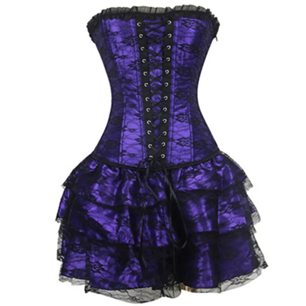 Overbust Corset Dress for Women Plus Size Corsets Bustiers Lingerie Sexy Lace Overlay Burlesque Corset and Skirt Set Tutu