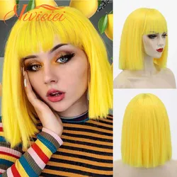 Yellow Bob Wig With Bangs 12 Inch Short Synthetic Fiber Bob Wigs for Women Short Bob Wigs Cosplay Bob Wig With One Cap VIVIEIEI